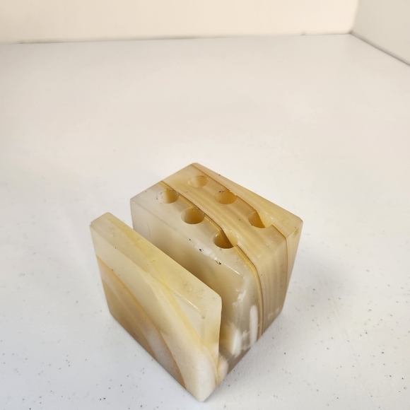 Vintage Green Tan Brown Onyx Desk Letter Pen Pencil Holder Caddy 2.75"x2.75" MCM - Picture 3 of 8